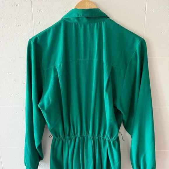 Vintage 80s | Green Classy Midi Long Sleeve Dress Gold Buttons | Size Medium - Picture 10 of 11